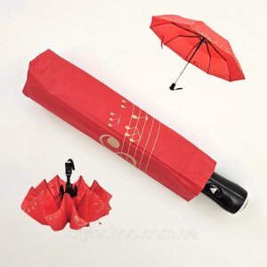 Однотонна жіноча червона парасолька напівавтомат з нотами по краю