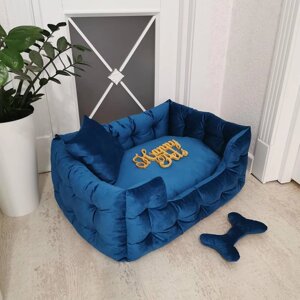 Лежак з бортами для собак і кішок 90х60 см Синій Велюр, подушка, іграшка-кість