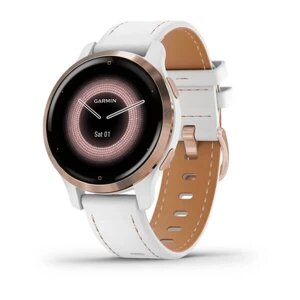 Смарт-годинник Garmin Venu 2S білий з безелем кольору рожеве золото і шкіряним ремінцем