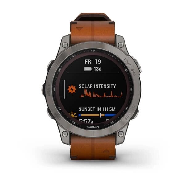 Смарт-годинник Garmin Fenix 7 Sapphire Solar титановий сірий з коричневим шкіряним ремінцем від компанії Garmin-ukraine - фото 1