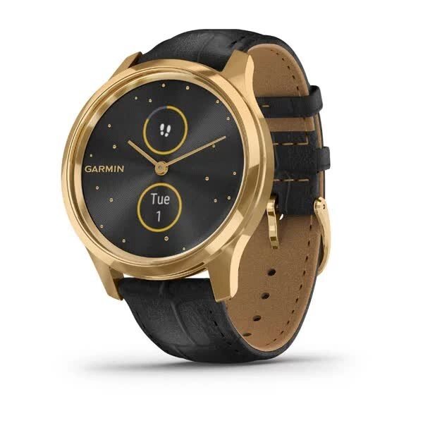 Смарт-годинник Garmin Vivomove Luxe золотавий 24K з чорним ремінцем з італійської шкіри від компанії Garmin-ukraine - фото 1