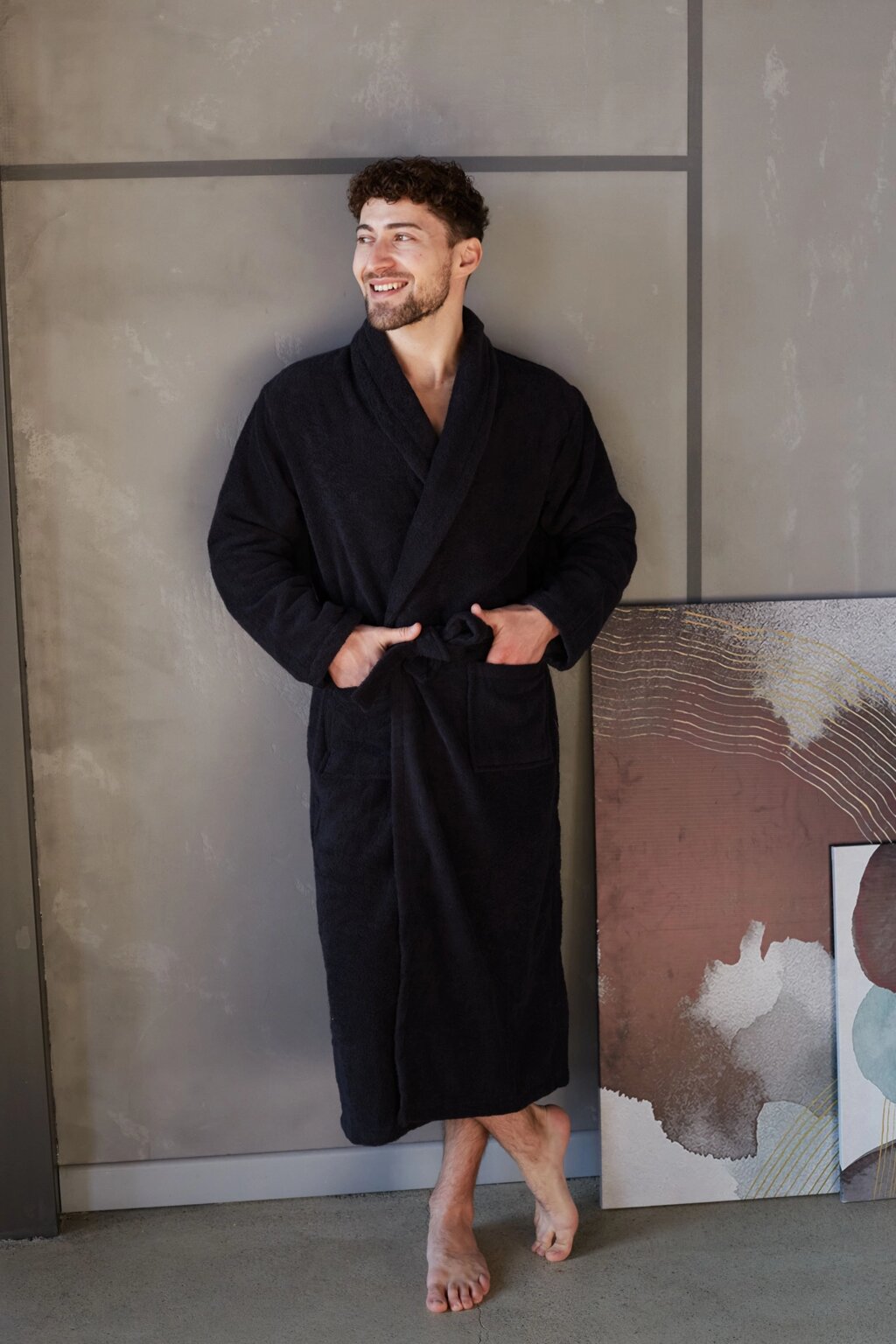 Банний махровий халат чорний 100% бавовна Узбекистан S від компанії IDEAL TEXTILE: махрові рушники, халати, постільна білизна - фото 1