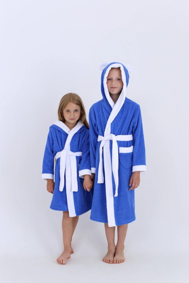 Махровий дитячий халат з капюшоном Синій+Білий 3 роки (104-110 см) 100% бавовна від компанії IDEAL TEXTILE: махрові рушники, халати, постільна білизна - фото 1