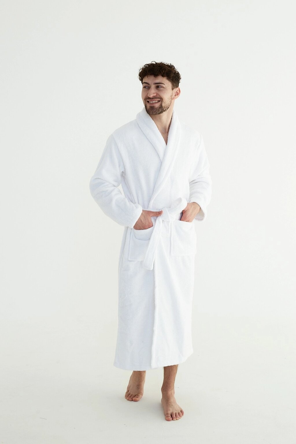 Махровий халат чоловічий білий 100% бавовна 400 г/м2 Узбекистан S від компанії IDEAL TEXTILE: махрові рушники, халати, постільна білизна - фото 1