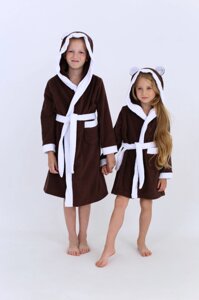 Махровий дитячий халат з капюшоном Коричневий+Білий 3 роки (104-110 см) 100% бавовна