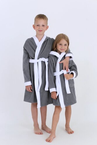 Махровий дитячий халат з капюшоном Сірий+Білий 3 роки (104-110 см) 100% бавовна