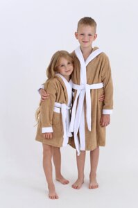 Махровий дитячий халат з капюшоном Бежевий+Білий 3 роки (104-110 см) 100% бавовна