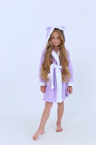 Махровий дитячий халат з капюшоном Ліловий+Білий 3 роки (104-110 см) 100% бавовна