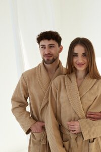 Вафельний халат жіночий L бежевий 100% бавовна 320 г/м2 в Чернівецькій області від компанії IDEAL TEXTILE: махровые полотенца, халаты, постельное белье