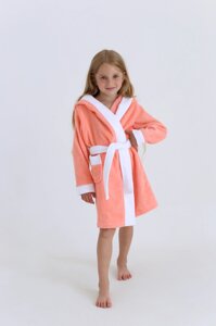 Махровий дитячий халат з капюшоном Персик+Білий 3 роки (104-110 см) 100% бавовна