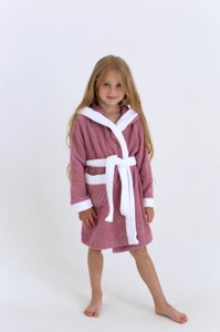Махровий дитячий халат з капюшоном Пудра+Білий 10 років (134 - 140 см) 100% бавовна