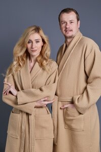 Вафельний халат жіночий XXXL бежевий 100% бавовна 320 г/м2