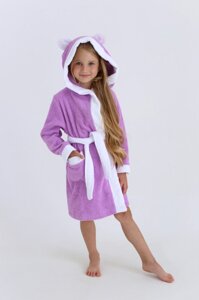Махровий дитячий халат з капюшоном Бузок+Білий 3 роки (104-110 см) 100% бавовна