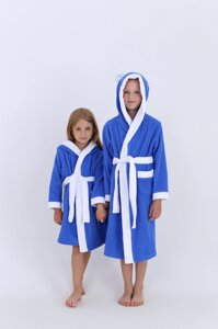 Махровий дитячий халат з капюшоном Синій+Білий 7 років (128 - 134 см) 100% бавовна