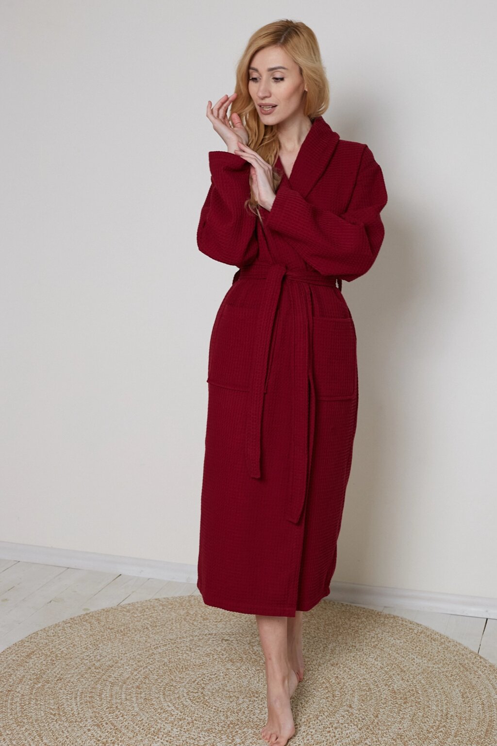 Вафельний халат жіночий XXL бордовий 100% бавовна 320 г/м2 від компанії IDEAL TEXTILE: махрові рушники, халати, постільна білизна - фото 1