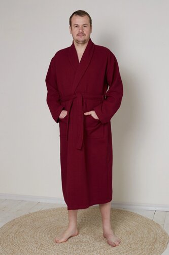 Вафельний чоловічий халат бордовий 100% бавовна 320 г/м2