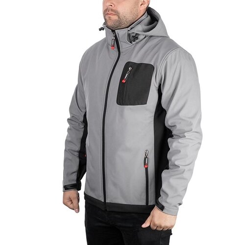 Куртка SOFTSHELL світло сіро-чорна, з капюшоном, тришарова, тканина стрейч 300 GSM 100D з водо-вітрозахисту, розмір