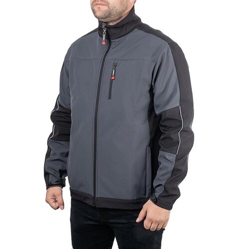 Куртка SOFTSHELL темно сіро-чорна, тришарова, тканина стрейч 300 GSM 100D з водо-вітрозахистом, розмір XXXL INTERTOOL