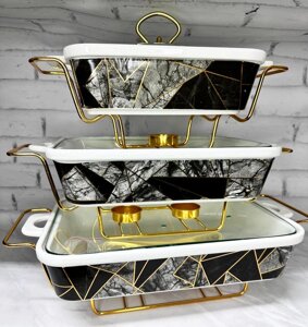 Набір з 3-х мармітів керамічних прямокутних Kitchen з кришками із скла Вітраж Золотий