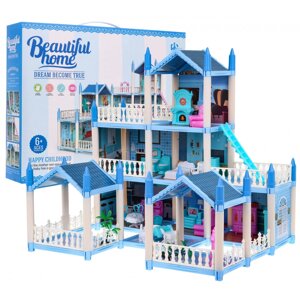 3-поверховий ляльковий будиночок Подарунок для дівчинки 6+ Блакитна віла з обладнанням