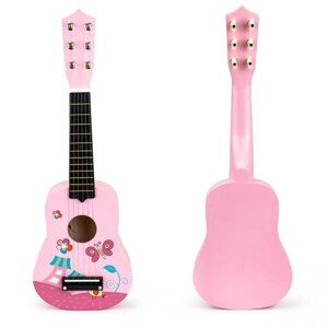 Дерев'яна дитяча гітара, металеві струни, рожевий медіатор.