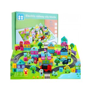 Дерев'яні кубики "Мій місто" для дітей 3+ Набір 107 шт. Міський килимок + Залізничні шляхи + Потяг