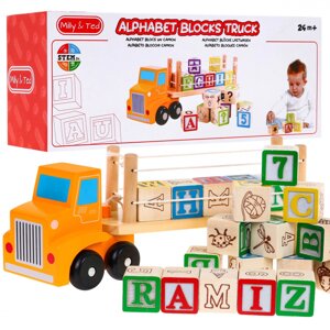 Дерев'яна вантажівка з причепом і кубиками для дітей 2+розвивальна іграшка + кубики з літерами та цифрами