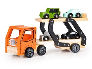 Дерев'яна іграшкова вантажівка, евакуатор, 4 машинки