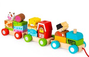 Дерев'яний іграшковий потяг, дерев'яні кубики.