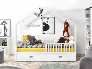 Дитяче ліжко домашня білий будинок із натурального дерева з ящиками та рейлами