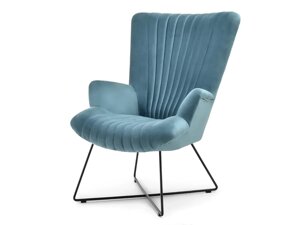 Модне крісло для кімнати нелл, темно-синій оксамит, мушля з полозами, чорний метал