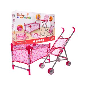 Набір аксесуарів для ляльок для дітей 3+ Догляд за дитиною + коляска + стільчик для годування + ліжечко + 2