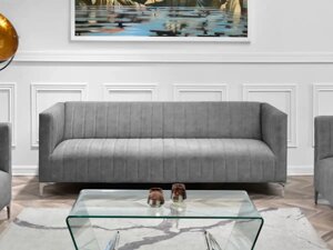 Рони сірий тримісний диван із вертикальним простроченням на хромованих ніжках для вітальні