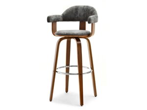 Високий дерев'яний стілець для бару No 37 горіх — сірий велюр зі спинкою й підлокітниками