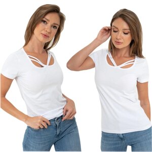 Жіноча футболка з декоративним вирізом горловини біла м MISS BASIC NMB2002_BIA ⁇ A_M