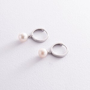 Сережки - кільця з перлами ( біле золото ) с08358