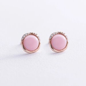 Золоті сережки - пусети (рожевий опал, діаманти) сб0525sc