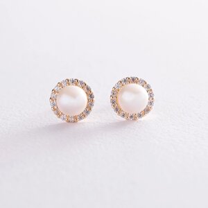 Золоті сережки - Пусети з перлами та кубічними цирконітами C08168