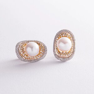 Золоті сережки з алмазами та перлами C1312