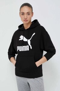 Кофта Puma жіноча колір чорний з капюшоном з принтом