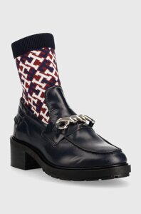 Шкіряні черевики Tommy Hilfiger Tommy Monogram Bootie жіночі колір синій каблук блок