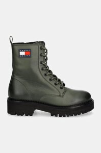 Шкіряні черевики Tommy Jeans TJW URBAN LACE UP BOOT жіночі колір зелений на плоскому ходу EN0EN02628