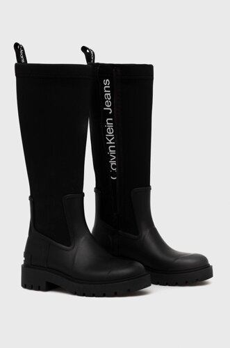 Чоботи Calvin Klein Jeans High Rainboot Neoprene жіночі колір чорний на плоскому ходу