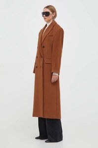 Вовняне пальто HUGO колір коричневий перехідне двобортне