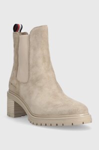 Замшеві черевики Tommy Hilfiger ESSENTIAL MIDHEEL SUEDE BOOTIE жіночі колір бежевий каблук блок FW0FW07522