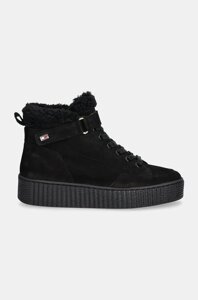 Замшеві черевики Tommy Hilfiger FAUX FUR NUBUCK LOW LACE-UP колір чорний на плоскому ходу утеплене FW0FW08172