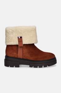 Замшеві черевики Tommy Hilfiger FAUX FUR SUEDE ROLL-DOWN BOOT колір коричневий на плоскому ходу утеплене FW0FW08158