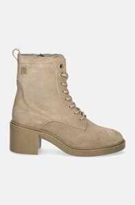 Замшеві черевики Tommy Hilfiger SUEDE MID HEEL LACEUP LOGOTAPE жіночі колір бежевий каблук блок FW0FW08090