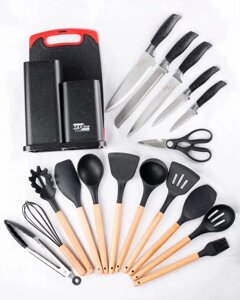 Набір ножів + кухонне начиння з силікону ( 19 предметів ) на підставці Zepline ZP -067