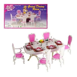 Меблі для ляльок Барбі Gloria Столовий стіл стільці посуд (2312)